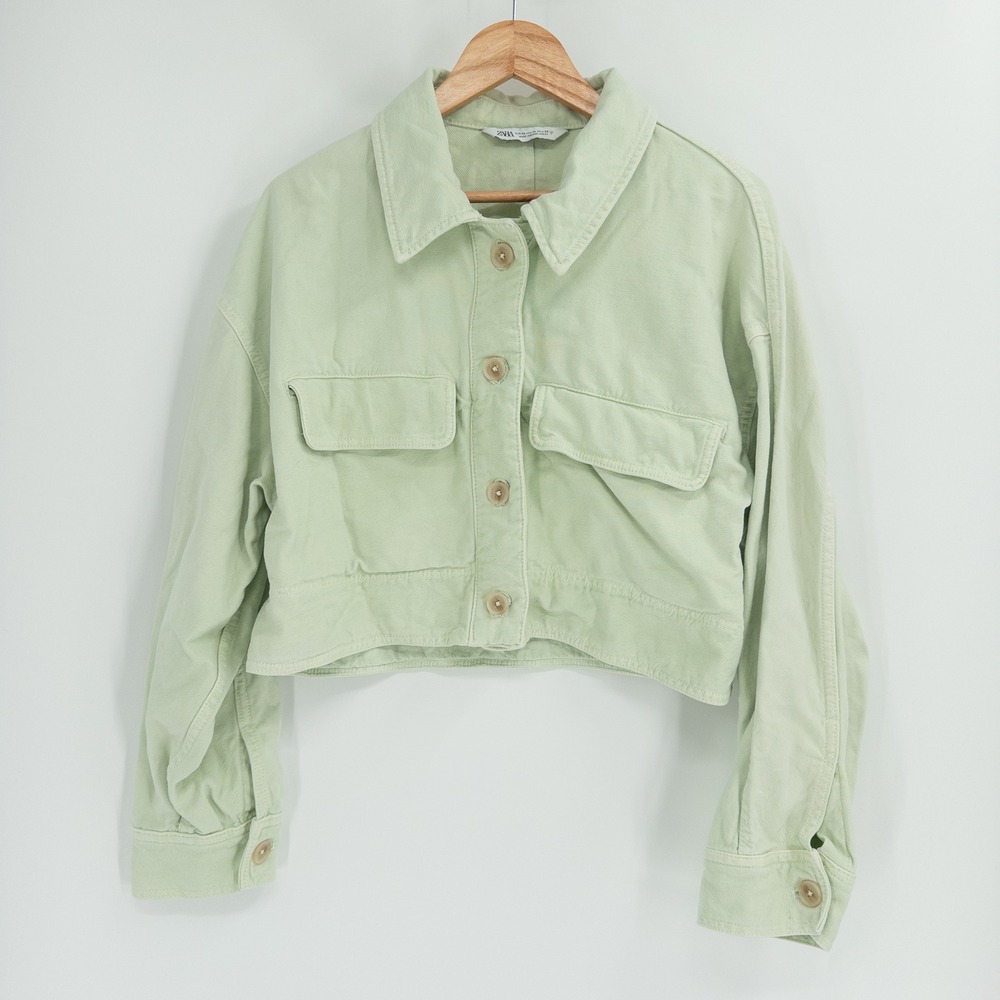 Zara Denim Jacket Womens XL Denim Pastel Green Cropped Button Up Sage Boxy Indie